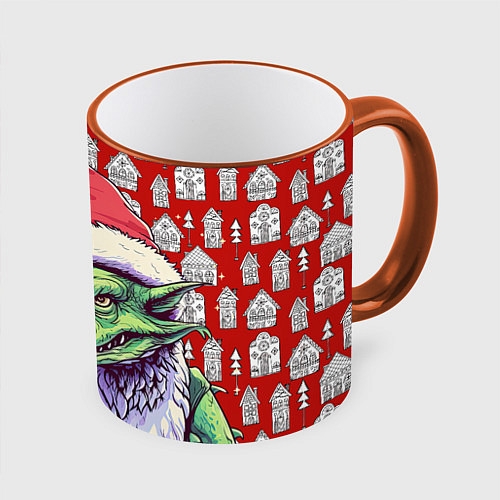 Кружка цветная Большой зеленый новогодний дракон / 3D-Оранжевый кант – фото 1