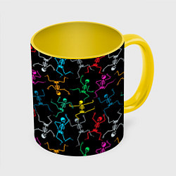 Кружка 3D Разноцветные танцующие скелетики, цвет: 3D-белый + желтый