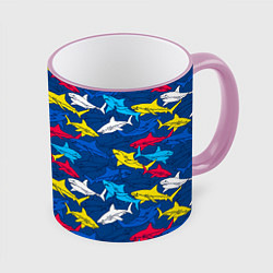 Кружка 3D Разноцветные акулы на глубине, цвет: 3D-розовый кант