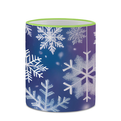 Кружка цветная Снежинки на фиолетово-синем фоне / 3D-Светло-зеленый кант – фото 2