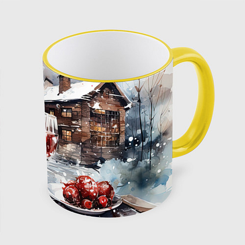 Кружка цветная Новогодние напитки на фоне зимнего пейзажа / 3D-Желтый кант – фото 1