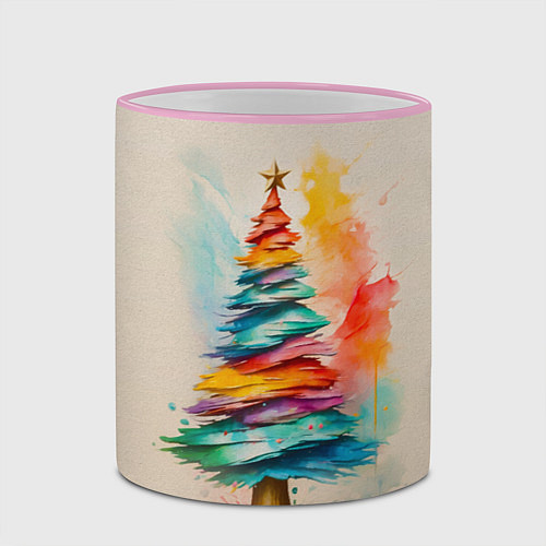 Кружка цветная Новогодняя ель акварелью на холсте / 3D-Розовый кант – фото 2