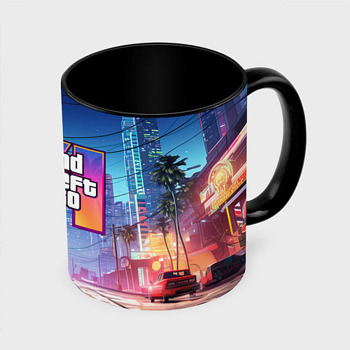 Кружка цветная GTA 6 неоновый город / 3D-Белый + черный – фото 1