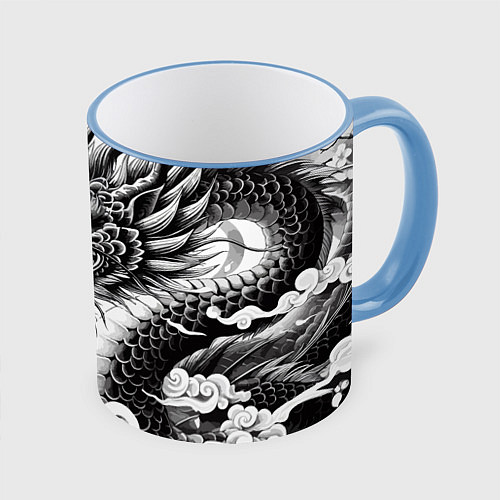 Кружка цветная Морда дракона - ирезуми / 3D-Небесно-голубой кант – фото 1