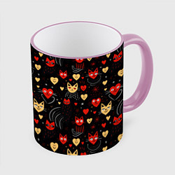 Кружка цветная Паттерн с сердечками и котами валентинка