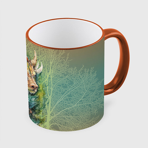 Кружка цветная Зеленый древесный дракон с деревьями / 3D-Оранжевый кант – фото 1