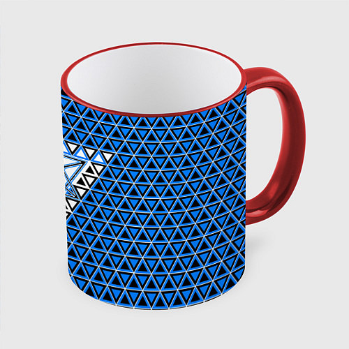Кружка цветная Синие и чёрные треугольники / 3D-Красный кант – фото 1