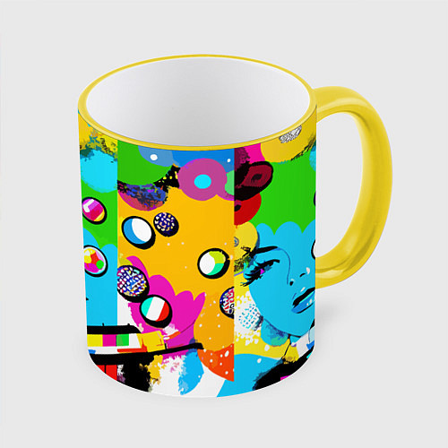 Кружка цветная Girls face - pop art / 3D-Желтый кант – фото 1