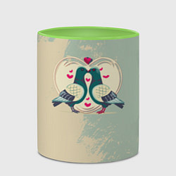 Кружка 3D Голуби воркуют на фоне сердца, цвет: 3D-белый + светло-зеленый — фото 2