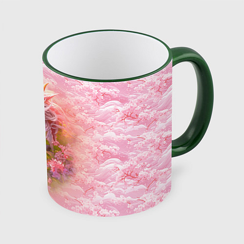 Кружка цветная Розовый дракон с цветами сакуры / 3D-Зеленый кант – фото 1