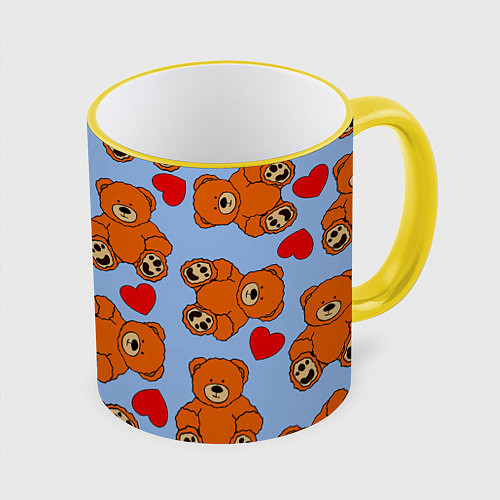 Кружка цветная Мишки и сердца на голубом фоне / 3D-Желтый кант – фото 1