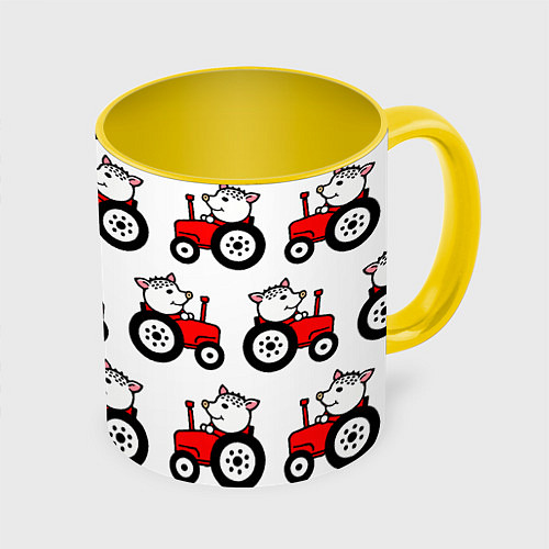 Кружка цветная Поросенок Пётр на красном тракторе / 3D-Белый + желтый – фото 1