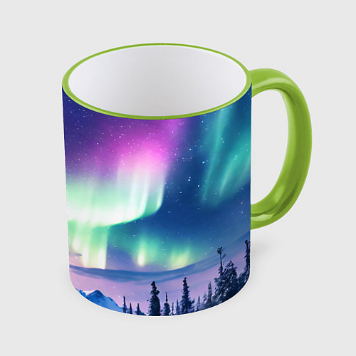 Кружка цветная Северное сияние на природе ai art / 3D-Светло-зеленый кант – фото 1