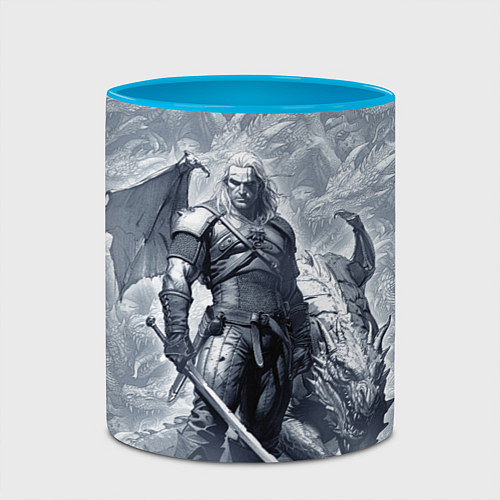 Кружка цветная The Witcher and dragon - hand drawn style / 3D-Белый + небесно-голубой – фото 2
