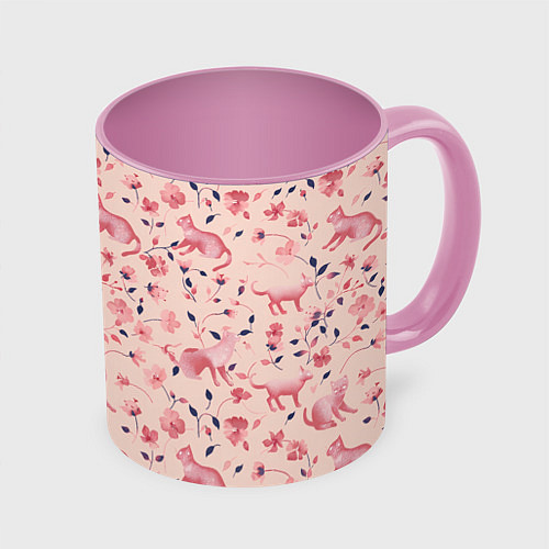 Кружка цветная Розовый паттерн с цветами и котиками / 3D-Белый + розовый – фото 1