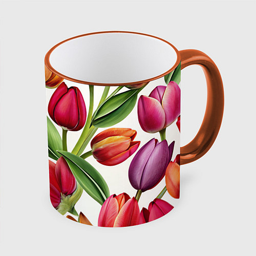 Кружка цветная Паттерн с тюльпанами / 3D-Оранжевый кант – фото 1