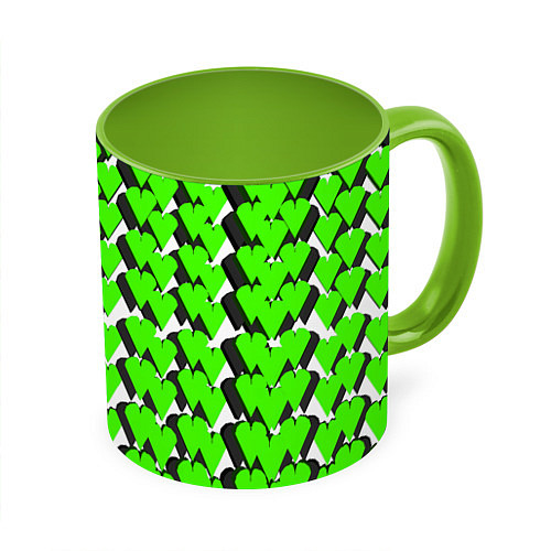Кружка цветная Зелёные сердечки на белом фоне / 3D-Белый + светло-зеленый – фото 1