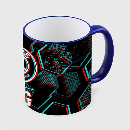 Кружка цветная PSG FC в стиле glitch на темном фоне / 3D-Синий кант – фото 1