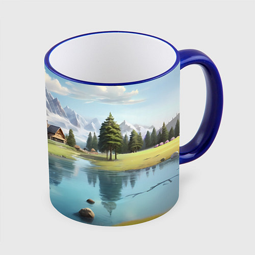 Кружка цветная Чудесный день на берегу озера в горах / 3D-Синий кант – фото 1