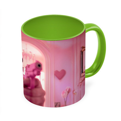Кружка цветная Джон Уик в розовых очках сердечках / 3D-Белый + светло-зеленый – фото 1