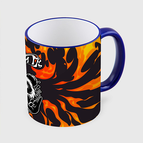 Кружка цветная Aerosmith рок панда и огонь / 3D-Синий кант – фото 1