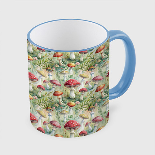 Кружка цветная Дикие грибы лесные мухоморы / 3D-Небесно-голубой кант – фото 1
