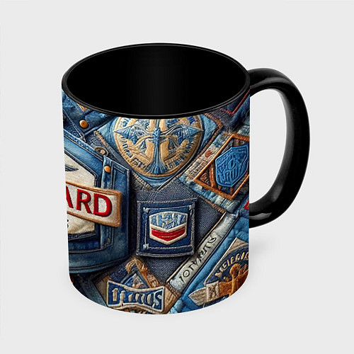 Кружка цветная Vanguard denim patchwork - ai art / 3D-Белый + черный – фото 1