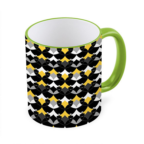 Кружка цветная Желто черный с белым геометрический узор / 3D-Светло-зеленый кант – фото 1