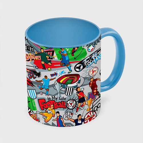 Кружка цветная Football is my life pattern / 3D-Белый + небесно-голубой – фото 1