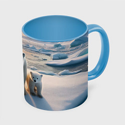 Кружка 3D Polar bear with her cubs - ai art, цвет: 3D-белый + небесно-голубой