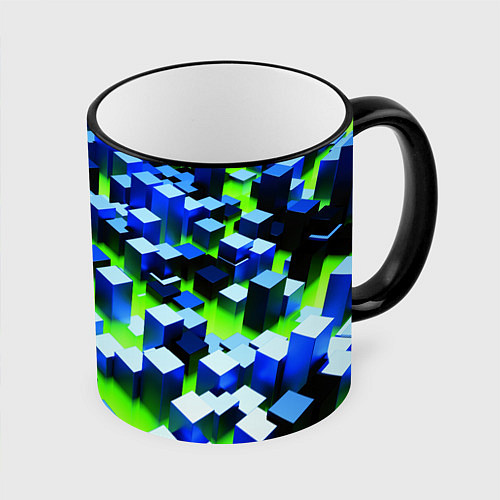 Кружка цветная Синие блоки в зеленом тумане / 3D-Черный кант – фото 1