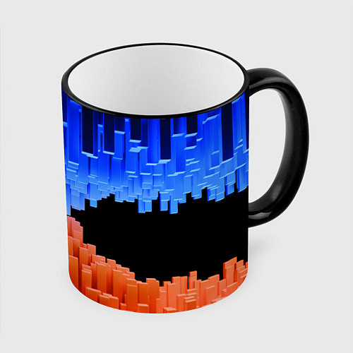 Кружка цветная Стягивающиеся в центре синие и оранжевые блоки / 3D-Черный кант – фото 1