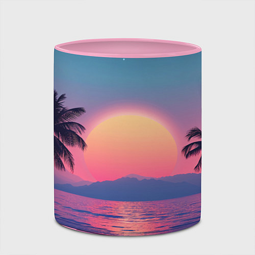 Кружка цветная Пальмы на шахматном полу с видом на закат / 3D-Белый + розовый – фото 2