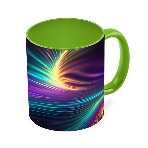 Кружка цветная Неоновые лучи на фиолетовом фоне / 3D-Белый + светло-зеленый – фото 1