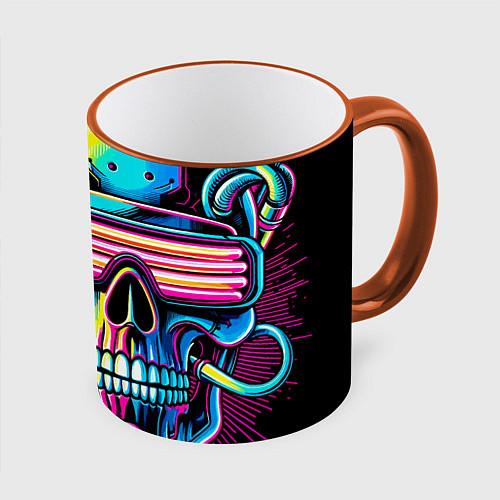 Кружка цветная Cyber skull - ai art neon / 3D-Оранжевый кант – фото 1