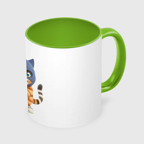 Кружка цветная Прикольный котёнок с бейсбольной битой и в балакла / 3D-Белый + светло-зеленый – фото 1