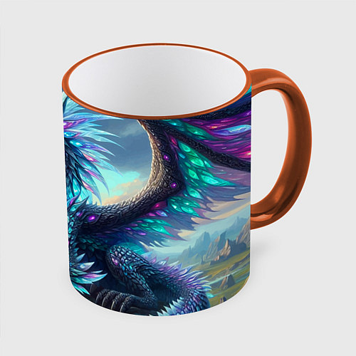 Кружка цветная Крылатый сказочный дракон - нейросеть / 3D-Оранжевый кант – фото 1