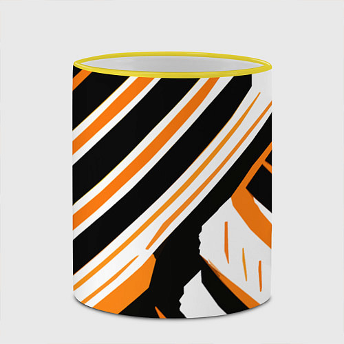 Кружка цветная Чёрно-оранжевые полосы на белом фоне / 3D-Желтый кант – фото 2