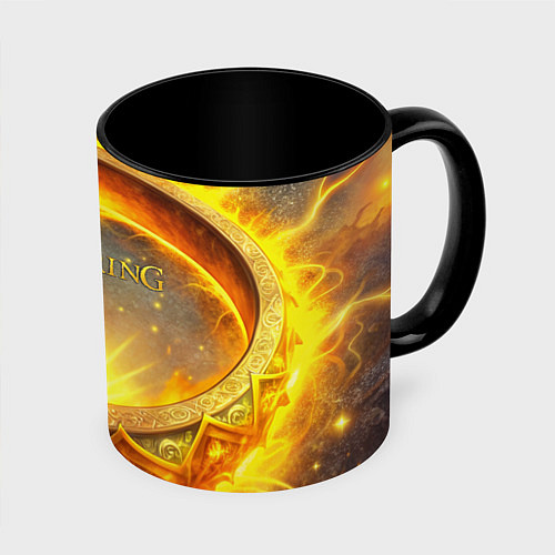 Кружка цветная Elden Ring лого и волшебное золотое кольцо / 3D-Белый + черный – фото 1