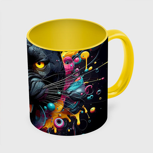 Кружка цветная Оскал свирепой пантеры - нейросеть / 3D-Белый + желтый – фото 1