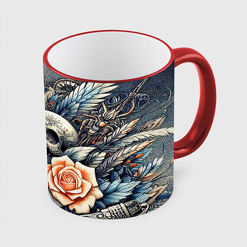 Кружка цветная Стимпанк композиция с черепом / 3D-Красный кант – фото 1
