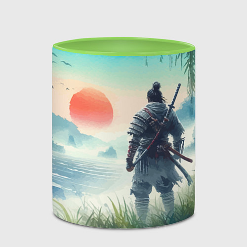 Кружка цветная Японский самурай на берегу горного озера / 3D-Белый + светло-зеленый – фото 2