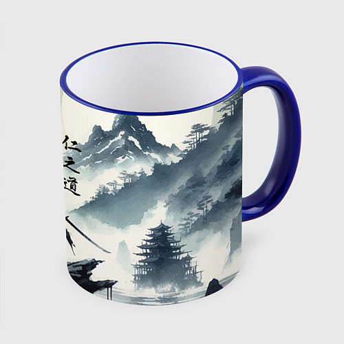 Кружка цветная Воин самурай - призрак Цусимы / 3D-Синий кант – фото 1