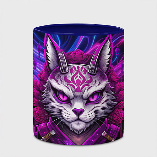 Кружка цветная Кот самурай в ярких фиолетовых оттенках / 3D-Белый + синий – фото 2