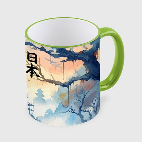 Кружка цветная Japanese landscape - watercolor / 3D-Светло-зеленый кант – фото 1