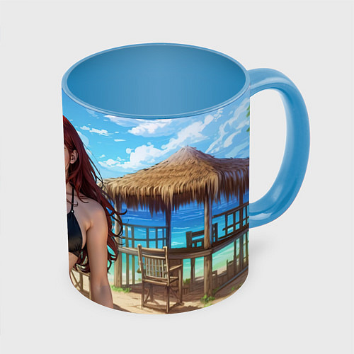 Кружка цветная Девушка с рыжими волосами на пляже / 3D-Белый + небесно-голубой – фото 1