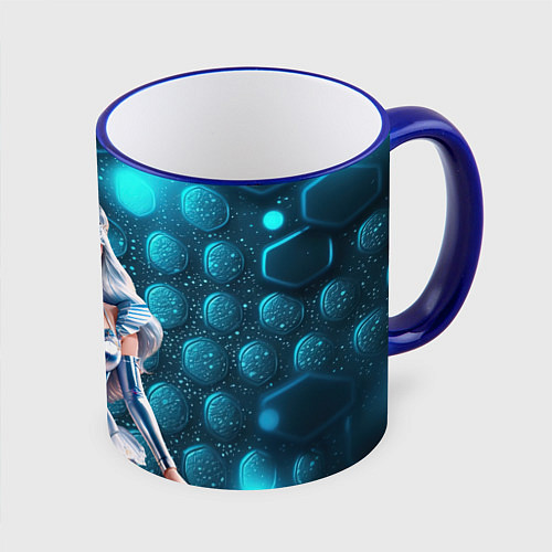 Кружка цветная Блондинка с аппетитными формами в блестящем костюм / 3D-Синий кант – фото 1