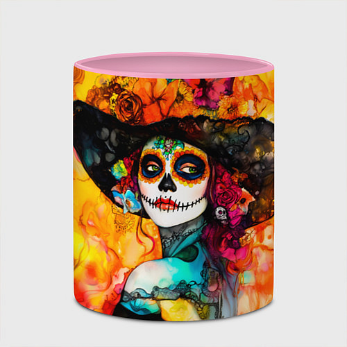 Кружка цветная Катрина в черной шляпе / 3D-Белый + розовый – фото 2