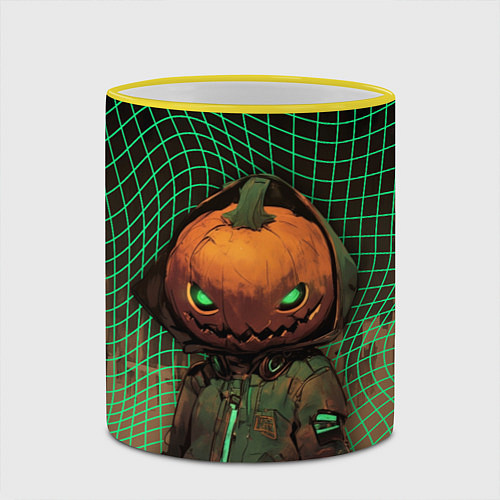 Кружка цветная Тыквенный Джек в неоновой сетке / 3D-Желтый кант – фото 2