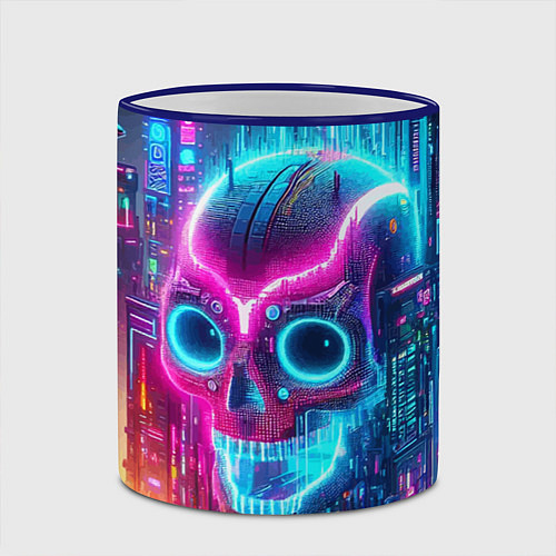 Кружка цветная Neon skull in metropolis - future / 3D-Синий кант – фото 2